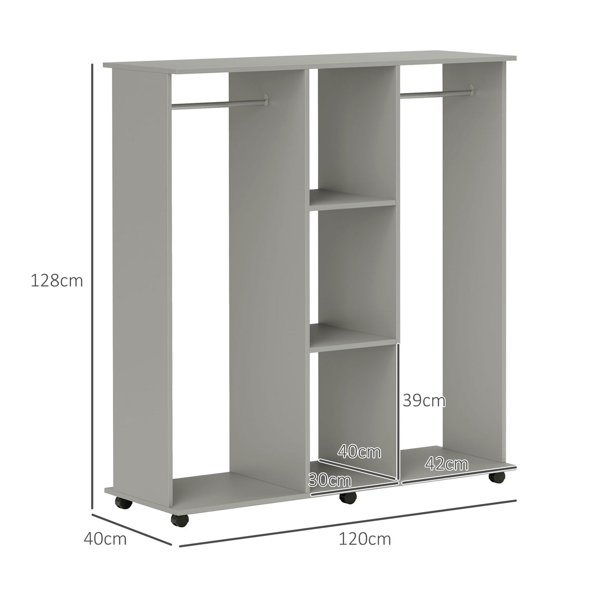 Wooden Open Wardrobe 120cm Wide With 6 Wheels - Velmora