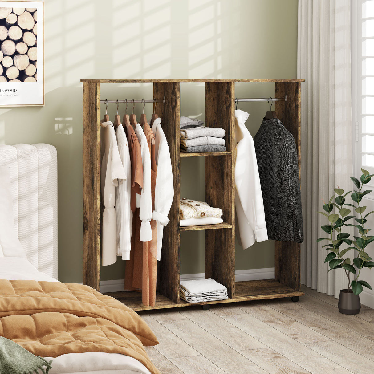 Wooden Open Wardrobe 120cm Wide With 6 Wheels - Velmora