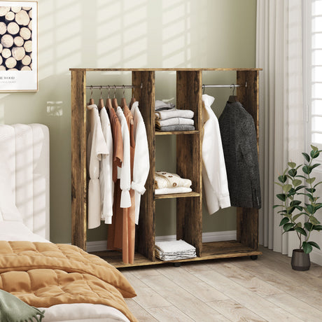 Wooden Open Wardrobe 120cm Wide With 6 Wheels - Velmora