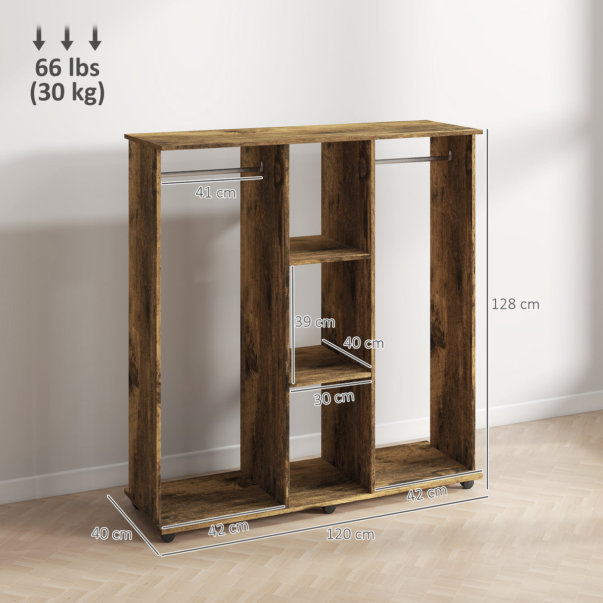 Wooden Open Wardrobe 120cm Wide With 6 Wheels - Velmora