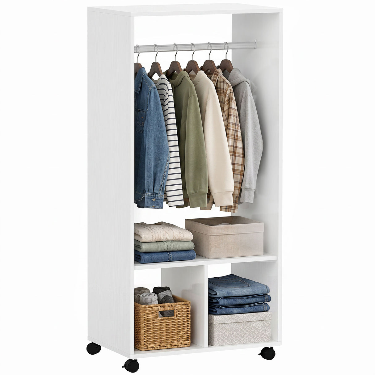 Wooden Open Wardrobe 60cm Wide With 4 Wheels - Velmora
