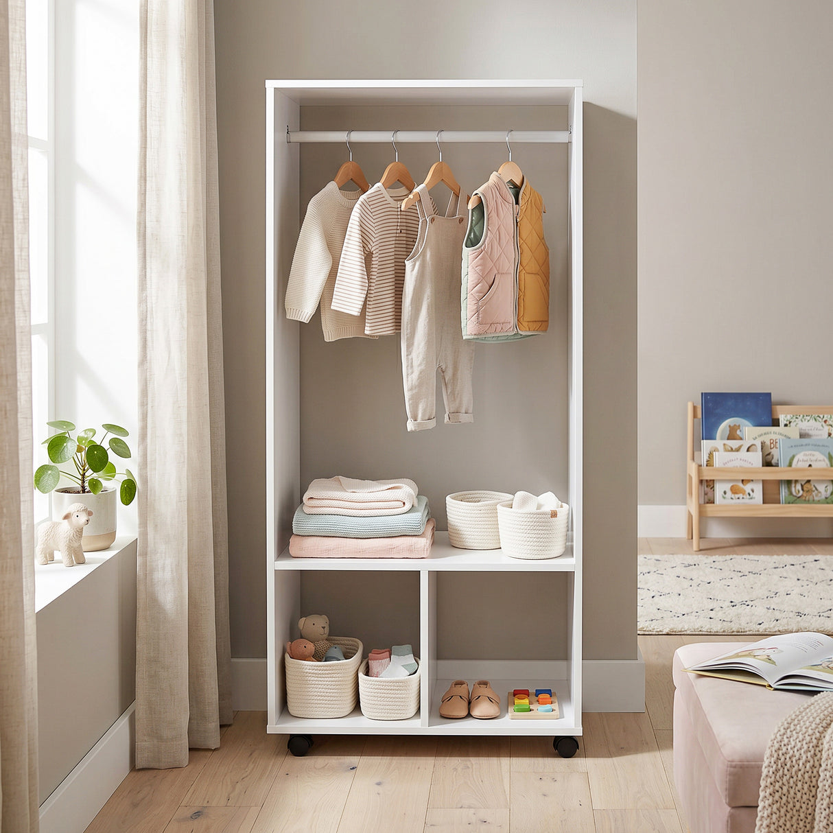 Wooden Open Wardrobe 60cm Wide With 4 Wheels - Velmora