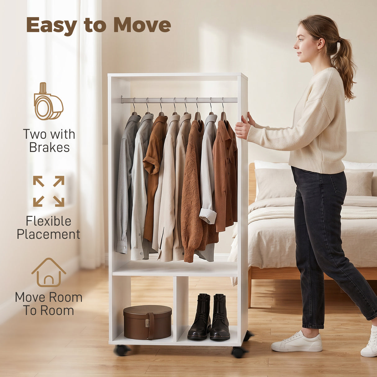 Wooden Open Wardrobe 60cm Wide With 4 Wheels - Velmora