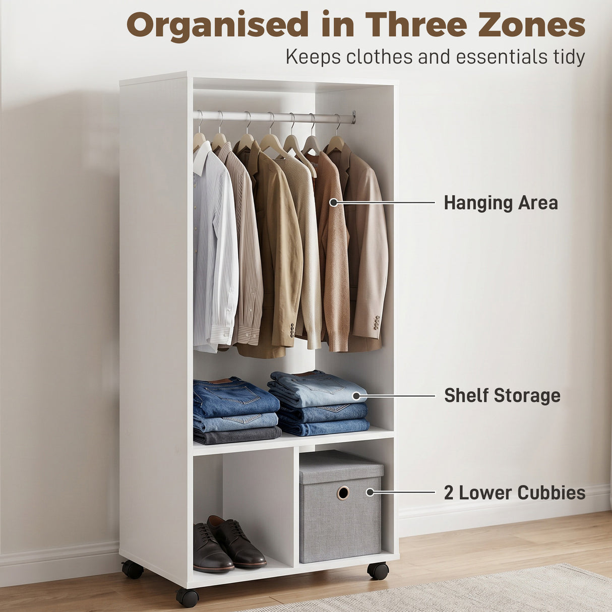 Wooden Open Wardrobe 60cm Wide With 4 Wheels - Velmora