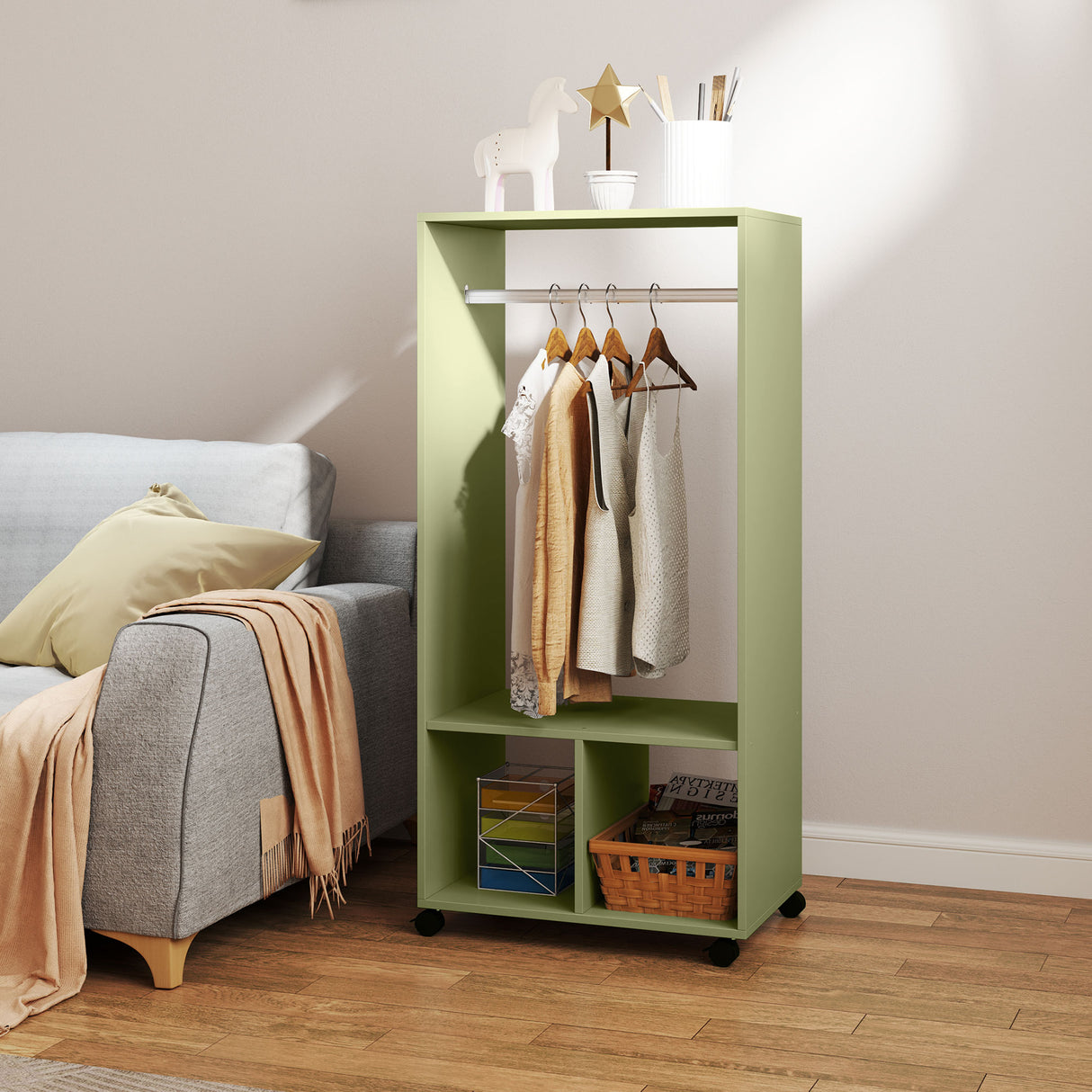 Wooden Open Wardrobe 60cm Wide With 4 Wheels - Velmora