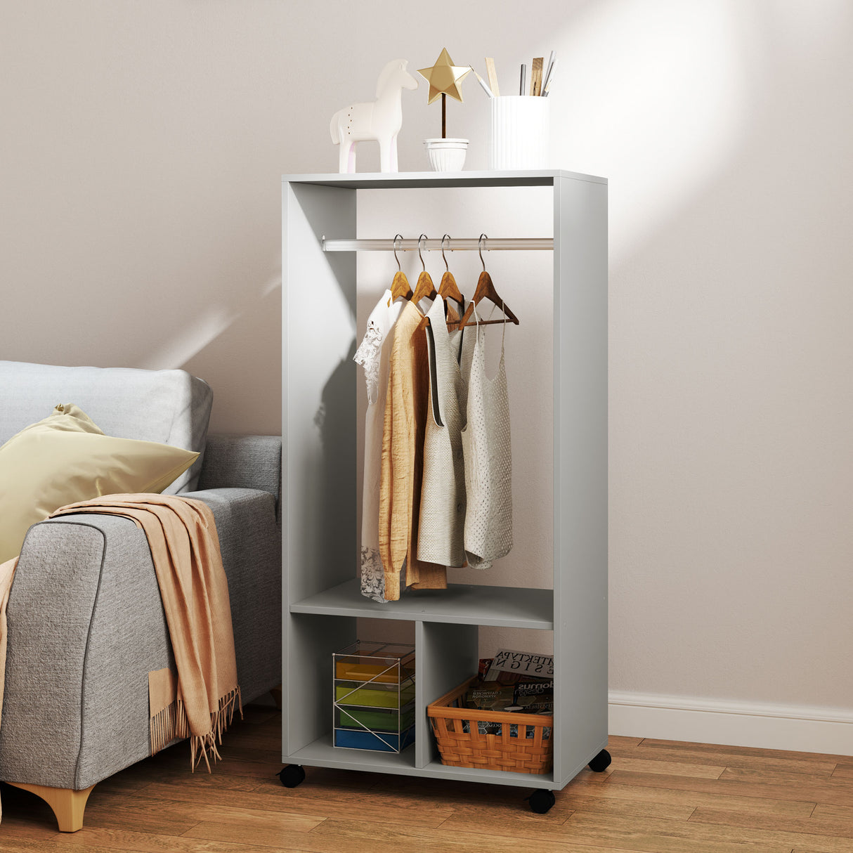 Wooden Open Wardrobe 60cm Wide With 4 Wheels - Velmora