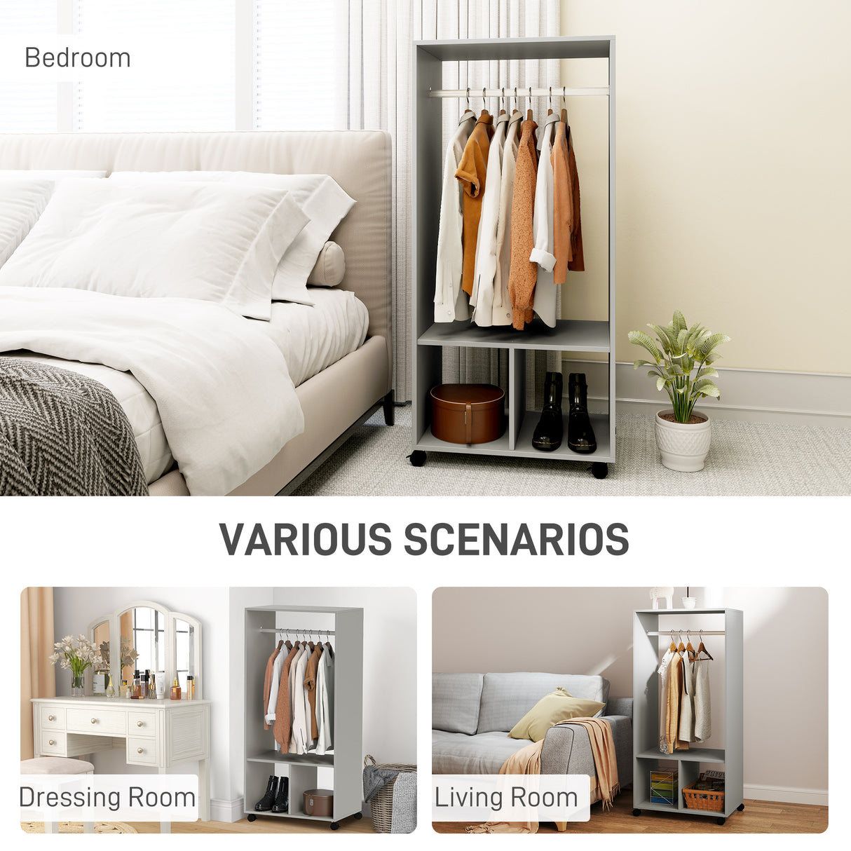 Wooden Open Wardrobe 60cm Wide With 4 Wheels - Velmora