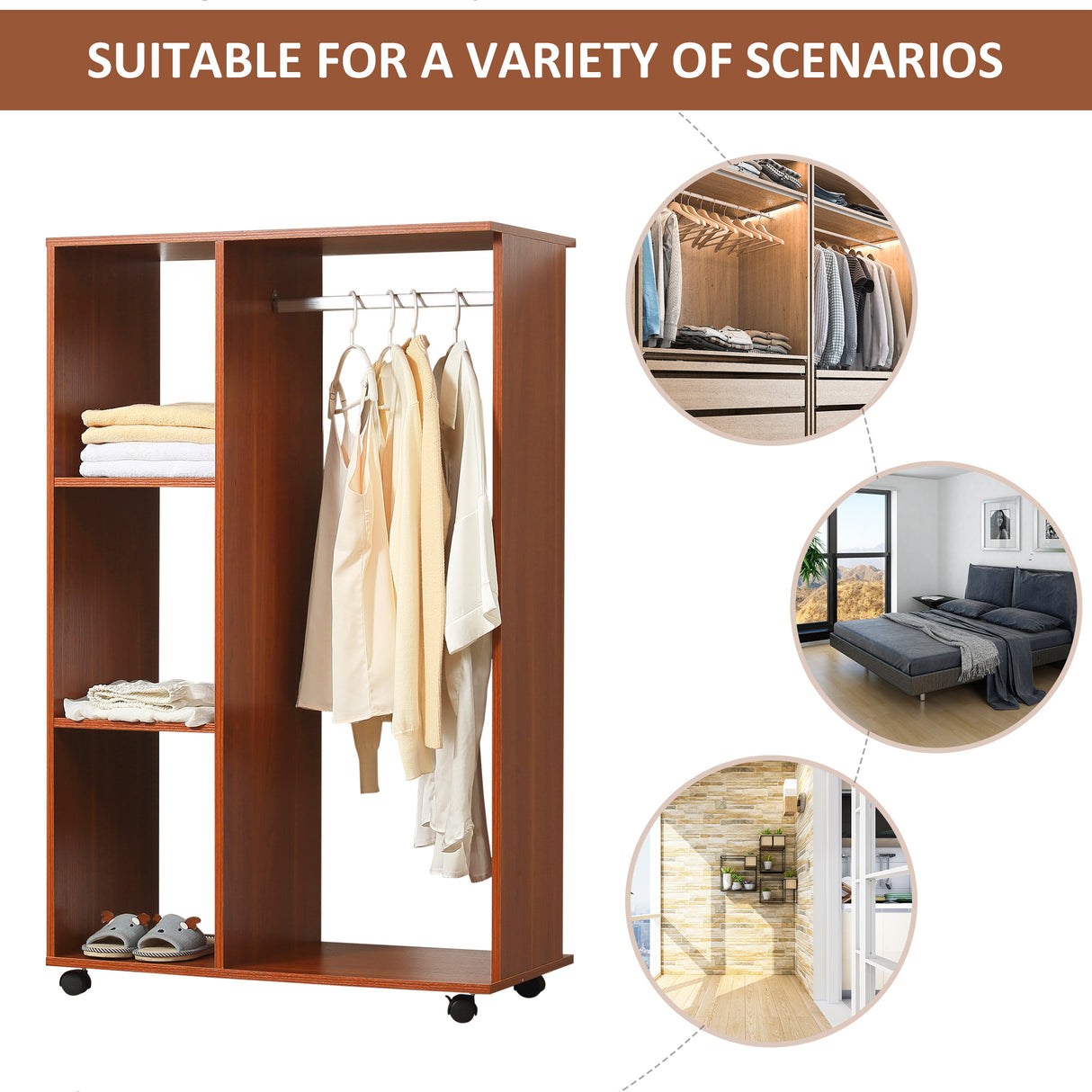 Wooden Open Wardrobe 80cm Wide With 4 Wheels - Velmora