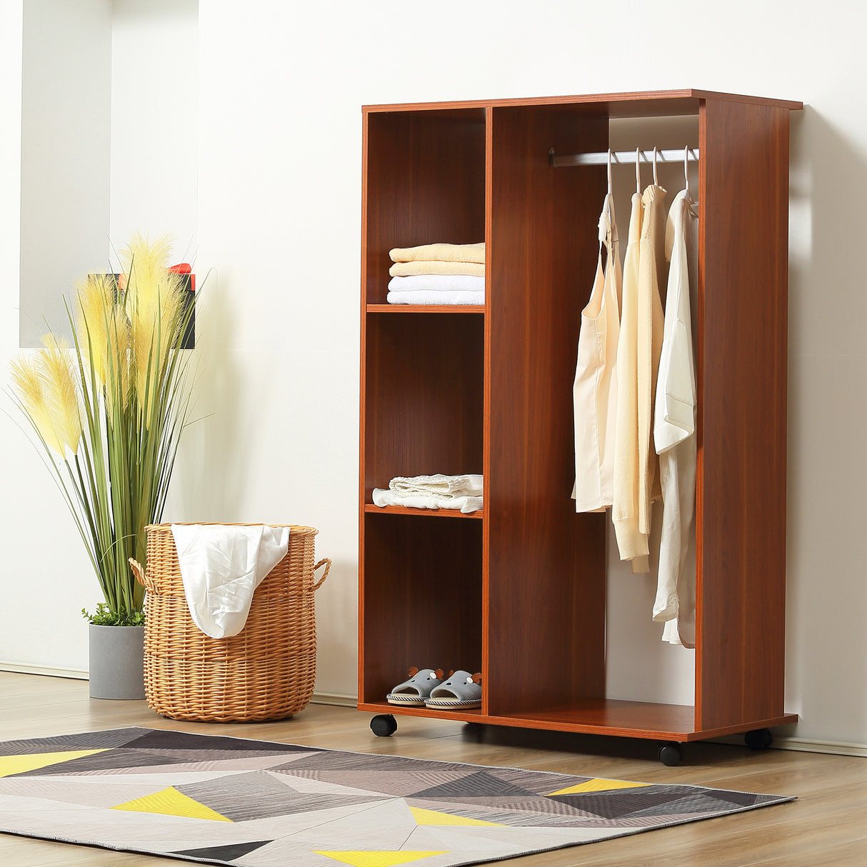 Wooden Open Wardrobe 80cm Wide With 4 Wheels - Velmora