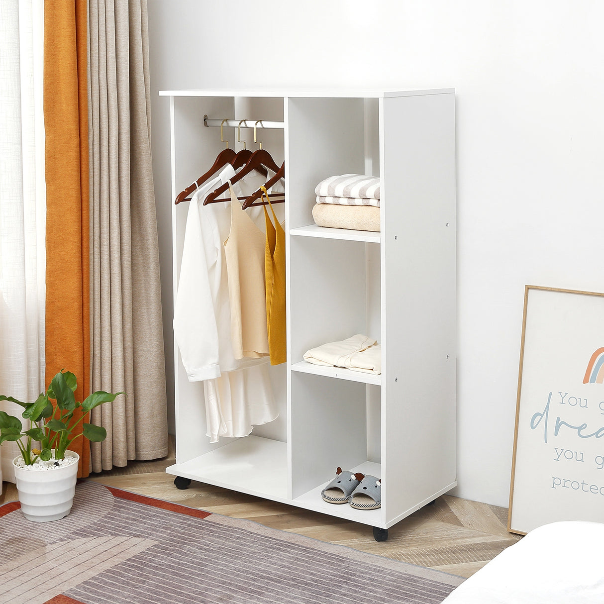 Wooden Open Wardrobe 80cm Wide With 4 Wheels - Velmora