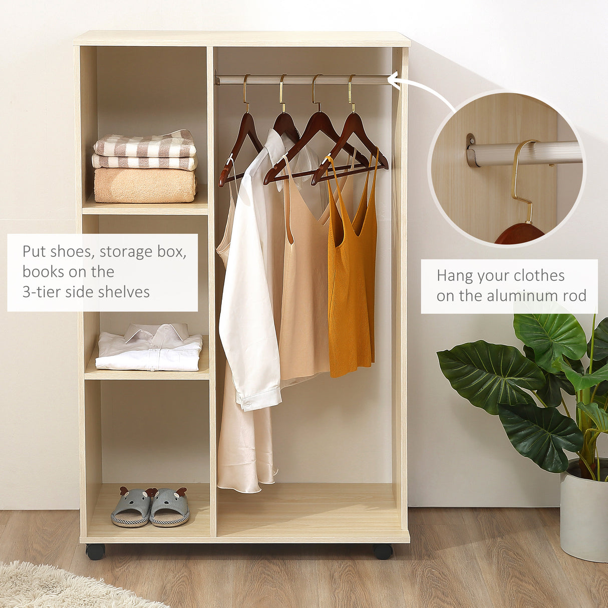 Wooden Open Wardrobe 80cm Wide With 4 Wheels - Velmora