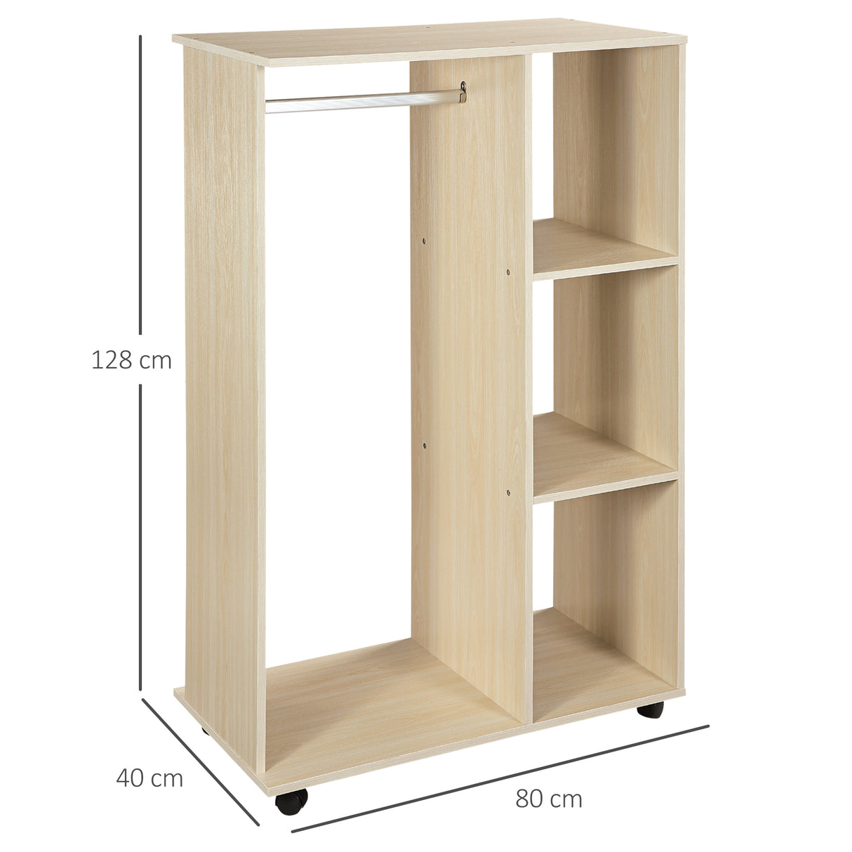 Wooden Open Wardrobe 80cm Wide With 4 Wheels - Velmora