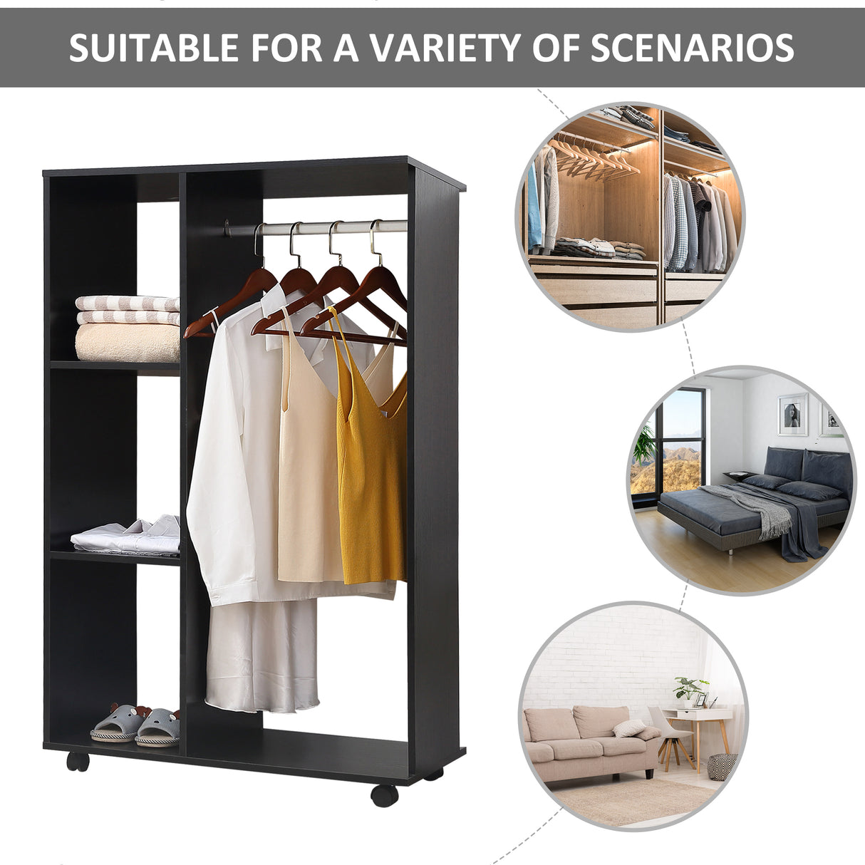 Wooden Open Wardrobe 80cm Wide With 4 Wheels - Velmora