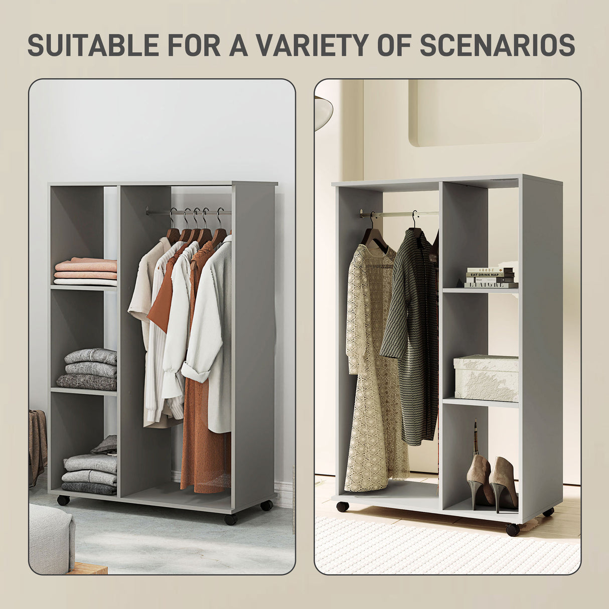 Wooden Open Wardrobe 80cm Wide With 4 Wheels - Velmora
