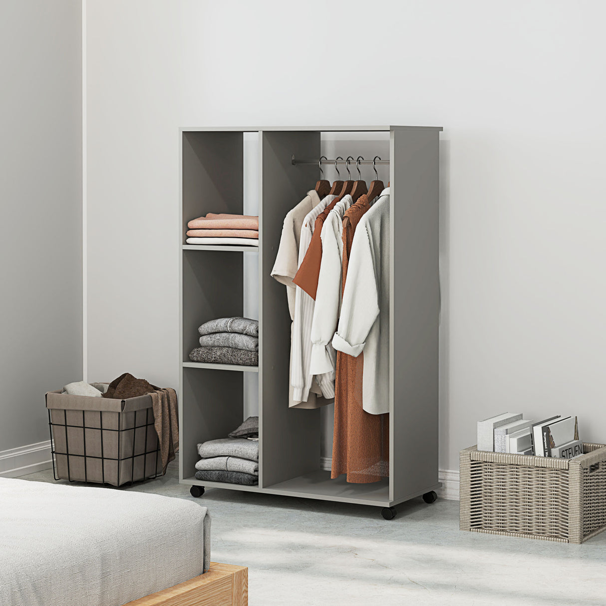 Wooden Open Wardrobe 80cm Wide With 4 Wheels - Velmora