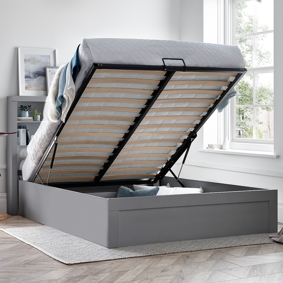 Wooden Ottoman Storage Double Bed With Bookcase Headboard - Arizona