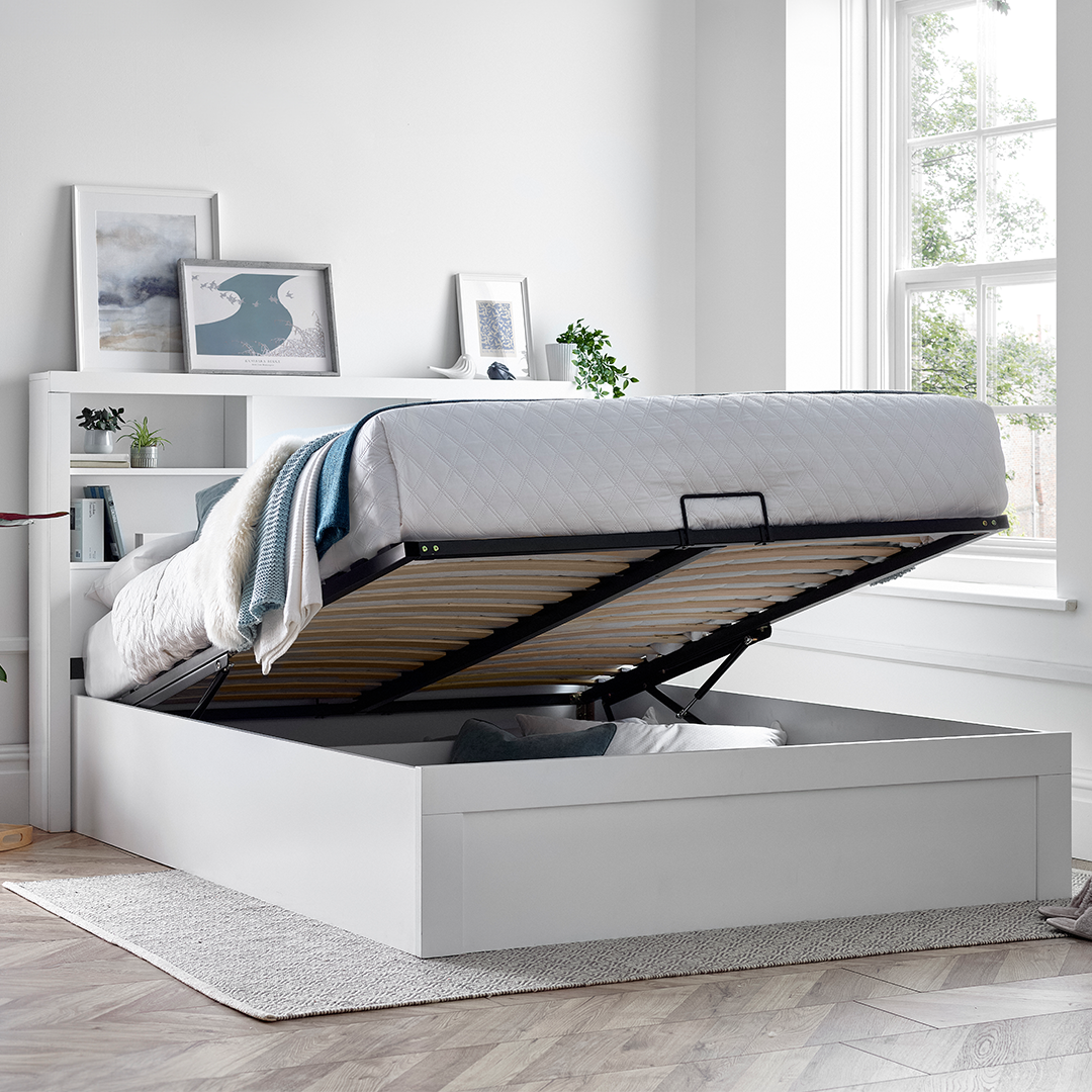 Wooden Ottoman Storage Double Bed With Bookcase Headboard - Arizona