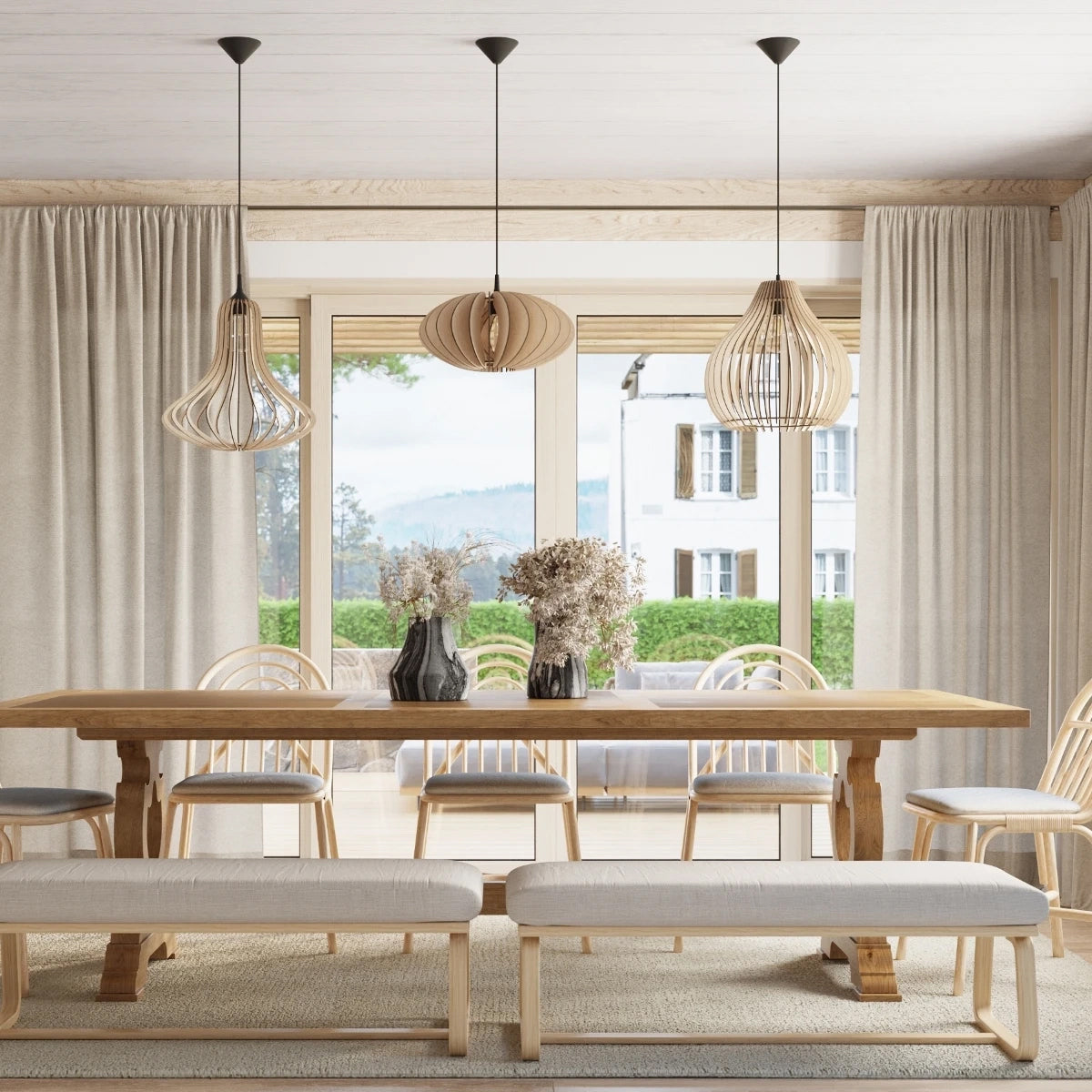 Wooden Pendant Light With Elza Lamp - Peach Puff