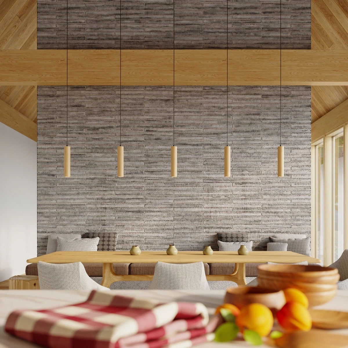 Wooden Pendant Light With Lino 2 Lamps - Peach Puff