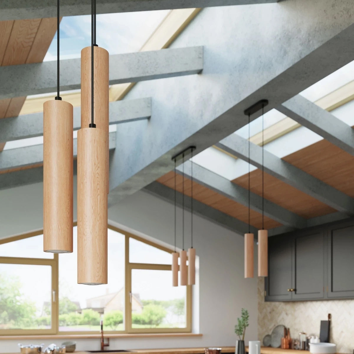 Wooden Pendant Light With Lino 3P Lamps - Peach Puff
