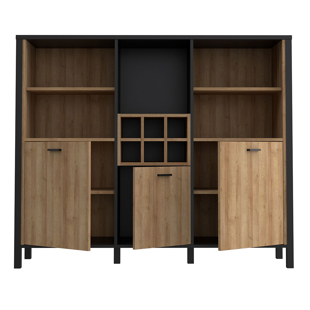 Wooden Shelving Unit Wide With 3 Doors And Wine Rack - High Rock