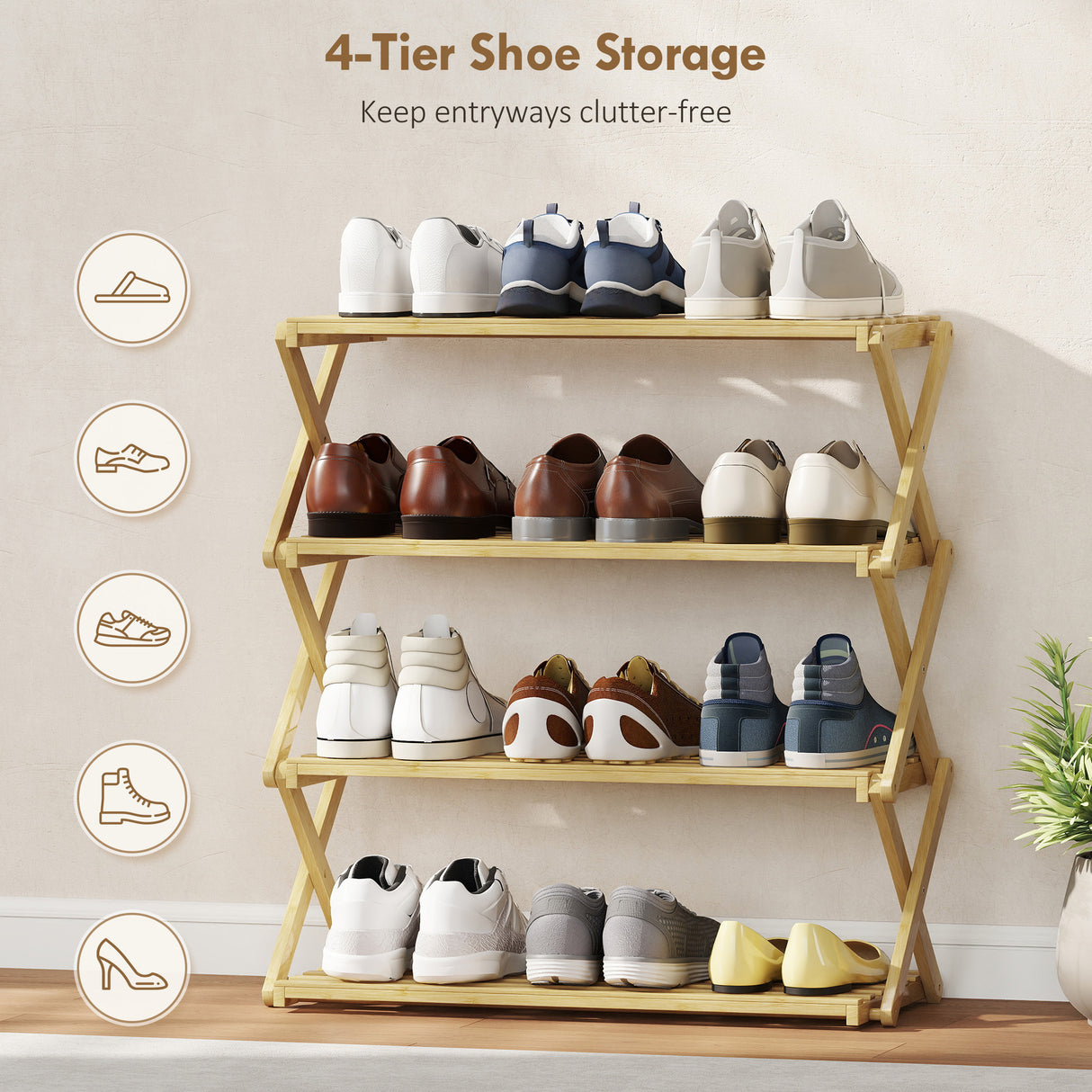 Wooden Shoe Rack 60cm Wide 4 Tier - Velmora