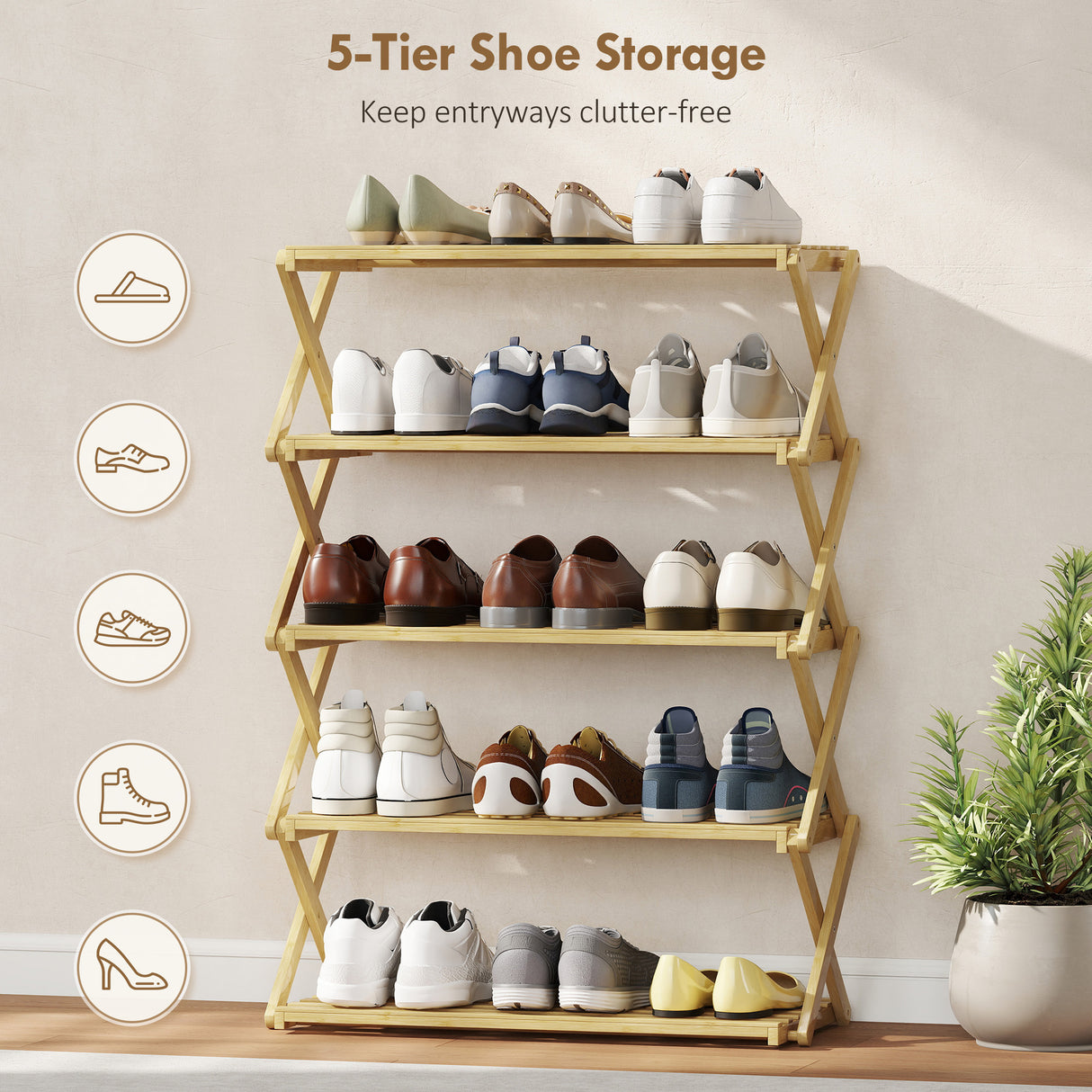 Wooden Shoe Rack 60cm Wide 5 Tier - Velmora