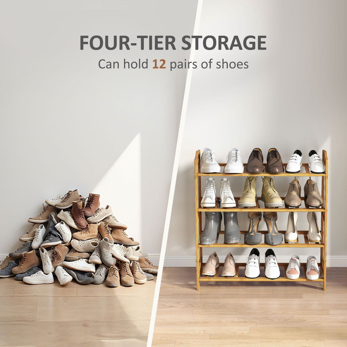 Wooden Shoe Rack 67.5cm Wide 4 Tier - Velmora