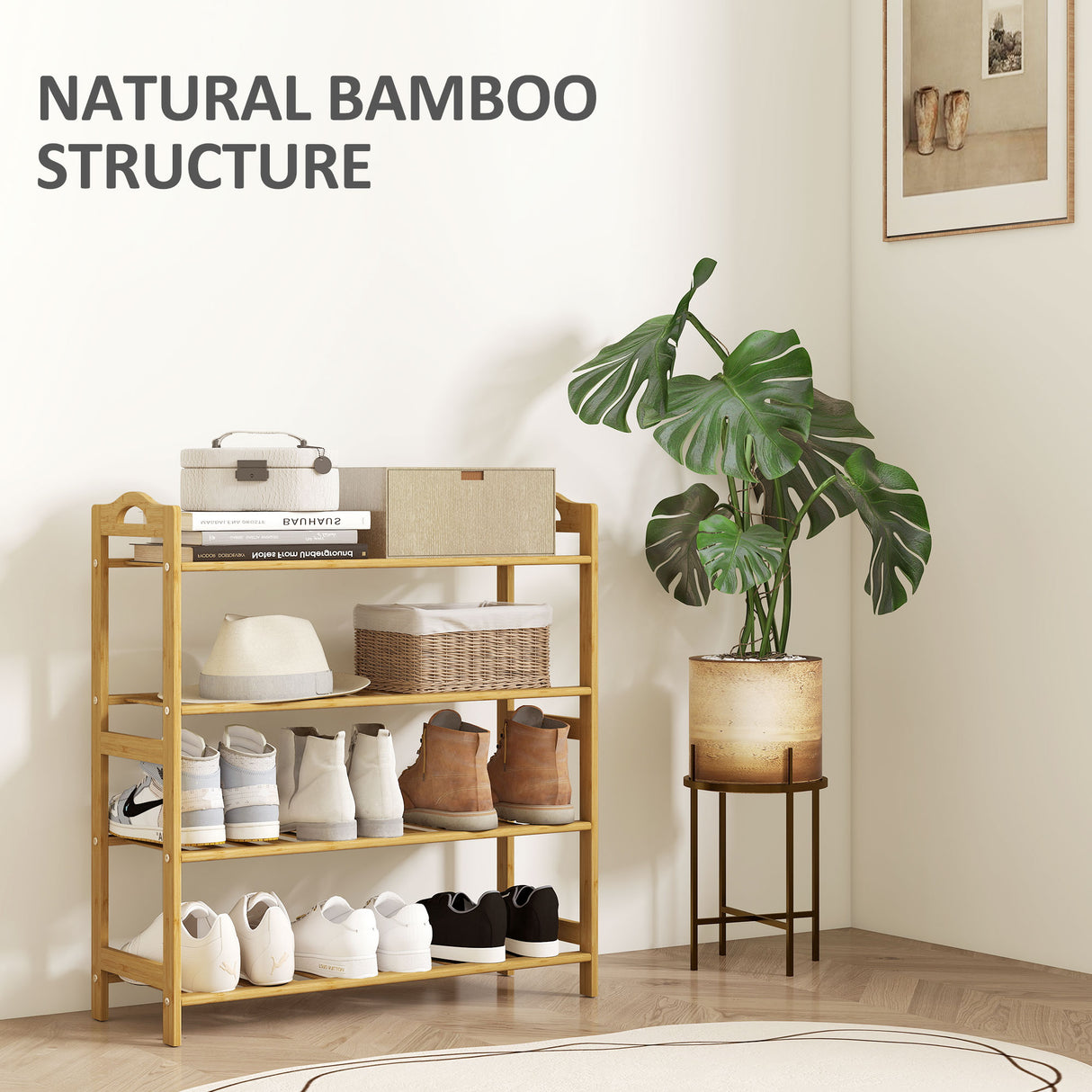 Wooden Shoe Rack 67.5cm Wide 4 Tier - Velmora