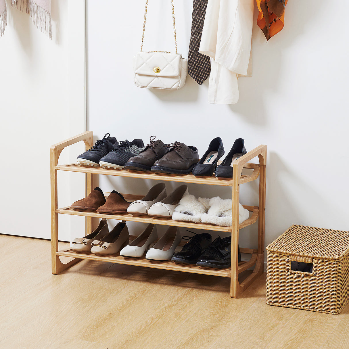 Wooden Shoe Rack 76cm Wide 3 Tier - Velmora