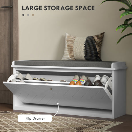 Wooden Shoe Storage Bench 100cm Wide With Cushion And Flip Drawer - Velmora