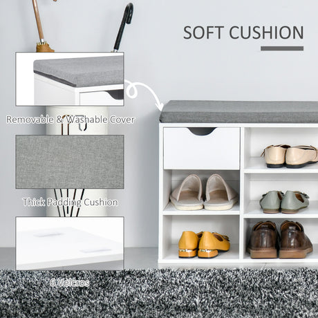 Wooden Shoe Storage Bench 101cm Wide With 1 Drawer And Cushion - Velmora
