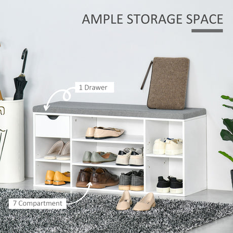 Wooden Shoe Storage Bench 101cm Wide With 1 Drawer And Cushion - Velmora