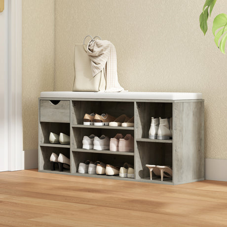 Wooden Shoe Storage Bench 101cm Wide With 1 Drawer And Cushion - Velmora