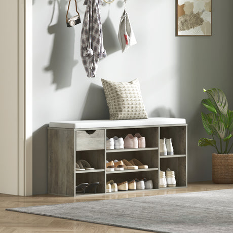 Wooden Shoe Storage Bench 101cm Wide With 1 Drawer And Cushion - Velmora