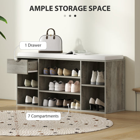 Wooden Shoe Storage Bench 101cm Wide With 1 Drawer And Cushion - Velmora