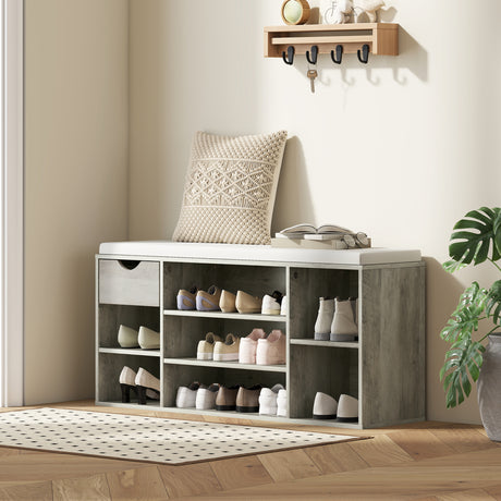 Wooden Shoe Storage Bench 101cm Wide With 1 Drawer And Cushion - Velmora
