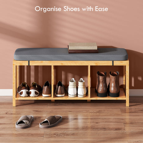Wooden Shoe Storage Bench 102cm Wide Cushion - Velmora