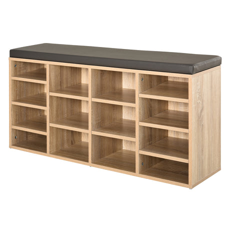 Wooden Shoe Storage Bench 103.5cm Wide With 14 Compartments And Cushion - Velmora