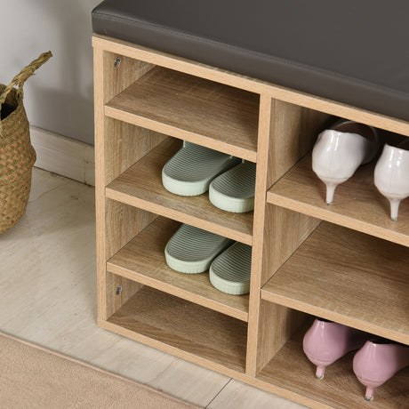 Wooden Shoe Storage Bench 103.5cm Wide With 14 Compartments And Cushion - Velmora