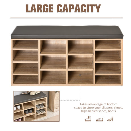 Wooden Shoe Storage Bench 103.5cm Wide With 14 Compartments And Cushion - Velmora