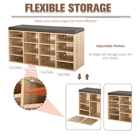 Wooden Shoe Storage Bench 103.5cm Wide With 14 Compartments And Cushion - Velmora