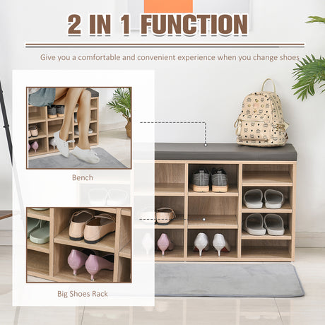 Wooden Shoe Storage Bench 103.5cm Wide With 14 Compartments And Cushion - Velmora
