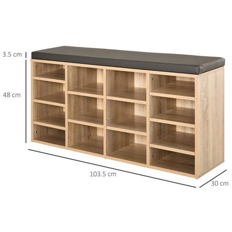 Wooden Shoe Storage Bench 103.5cm Wide With 14 Compartments And Cushion - Velmora
