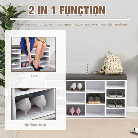 Wooden Shoe Storage Bench 103.5cm Wide With 14 Compartments And Cushion - Velmora