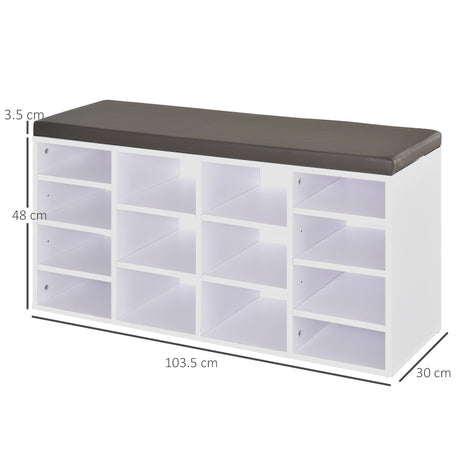 Wooden Shoe Storage Bench 103.5cm Wide With 14 Compartments And Cushion - Velmora