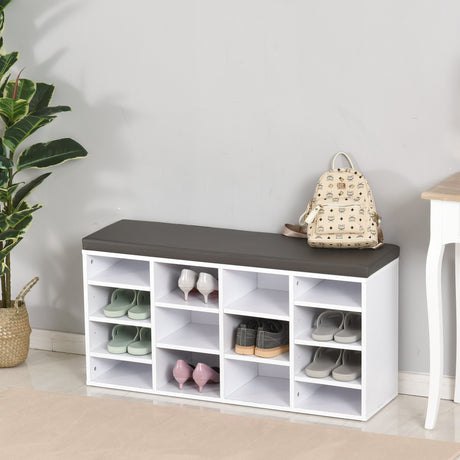 Wooden Shoe Storage Bench 103.5cm Wide With 14 Compartments And Cushion - Velmora