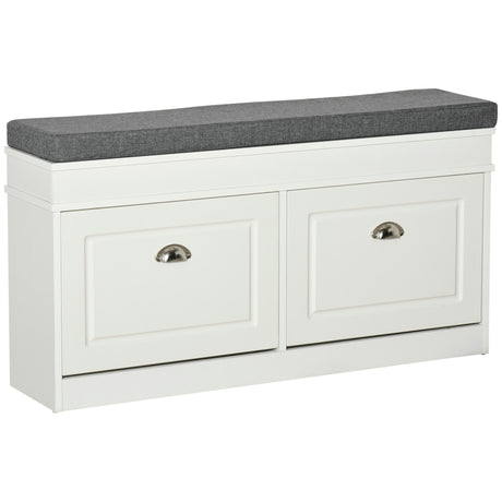 Wooden Shoe Storage Bench 104cm Wide With Cushion And 2 Flip Drawers - Velmora