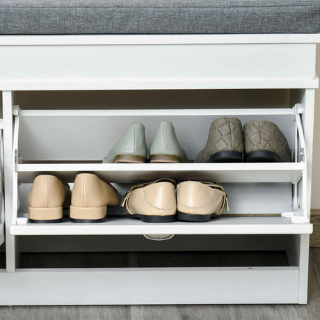 Wooden Shoe Storage Bench 104cm Wide With Cushion And 2 Flip Drawers - Velmora