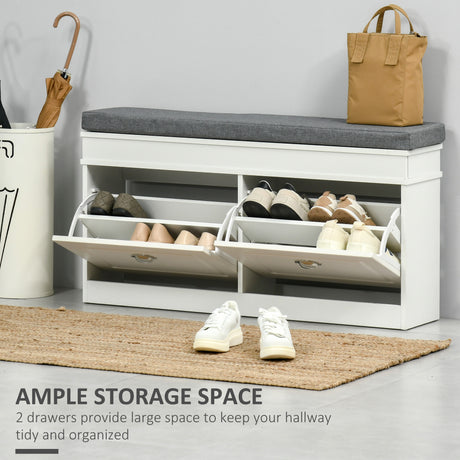 Wooden Shoe Storage Bench 104cm Wide With Cushion And 2 Flip Drawers - Velmora